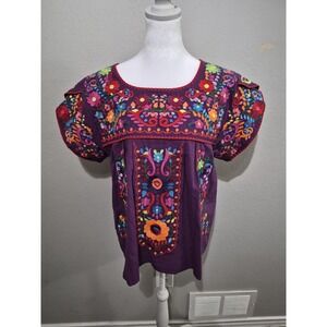YZXDORWJ Women's Purple Top Embroidered Floral Boho Mexican Peasant size Medium